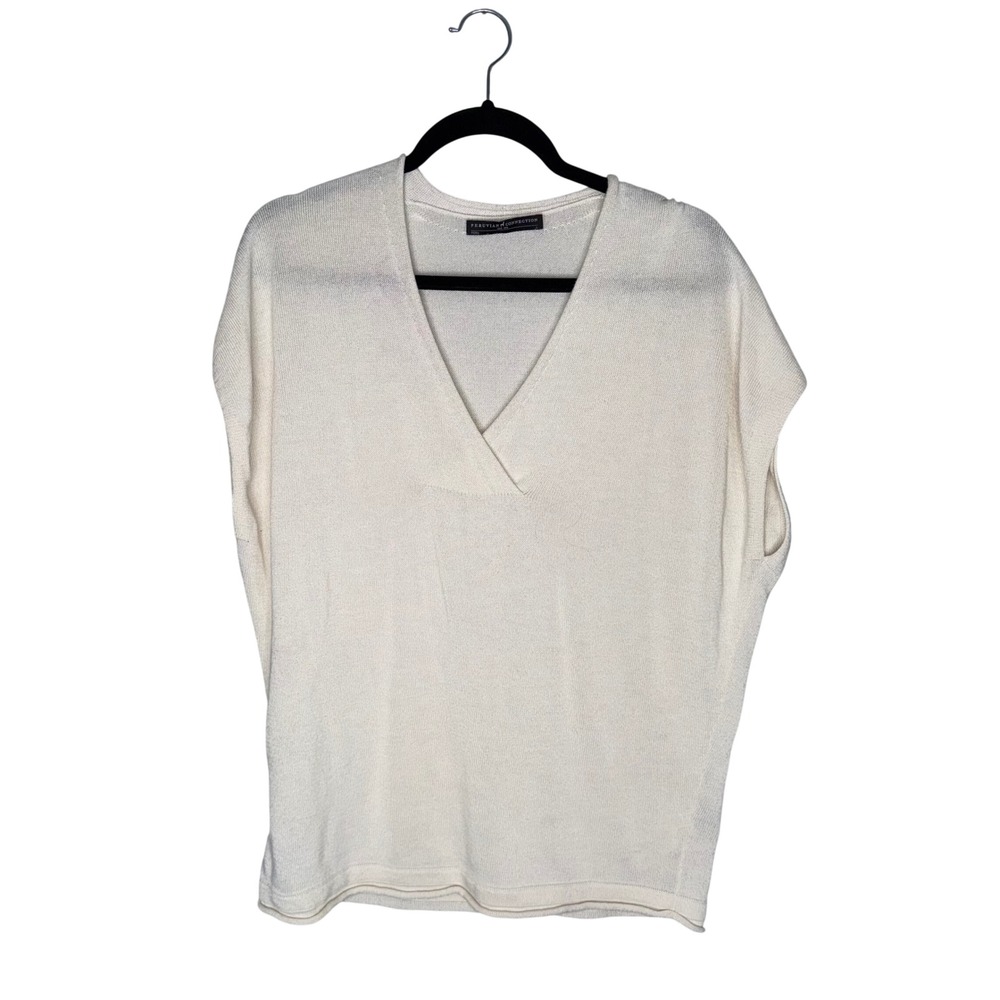 Peruvian Connection Knit Top Womens Large Cream Excellent Pima Cotton V-Neck